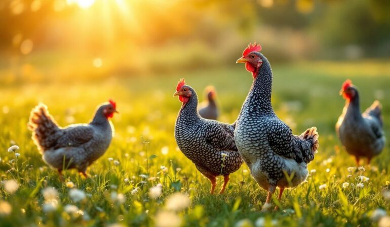 Pintade en liberté dans un pâturage herbeux au lever du soleil, lumière dorée et rayons volumétriques, rosée sur l'herbe et fleurs sauvages, ambiance matinale douce et naturelle.