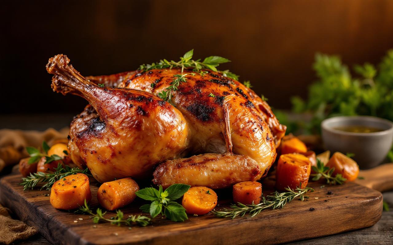 Pintade rôtie à la peau croustillante posée sur une planche en bois foncé, accompagnée d'herbes et de légumes rôtis, éclairage doré de coucher de soleil, arrière-plan flou et ambiance chaleureuse.