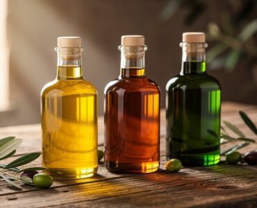 Bouteilles d huile d olive vierge extra posées sur une table en bois avec des branches d olivier