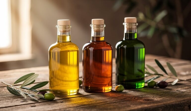 Bouteilles d huile d olive vierge extra posées sur une table en bois avec des branches d olivier