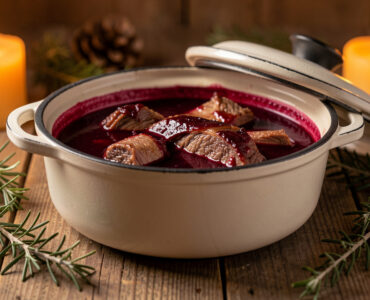 Civet de sanglier traditionnel mijoté dans une cocotte en fonte, nappé d’une sauce au vin rouge, ambiance chaleureuse d’hiver sur une table en bois.