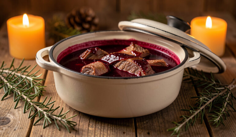 Civet de sanglier traditionnel mijoté dans une cocotte en fonte, nappé d’une sauce au vin rouge, ambiance chaleureuse d’hiver sur une table en bois.