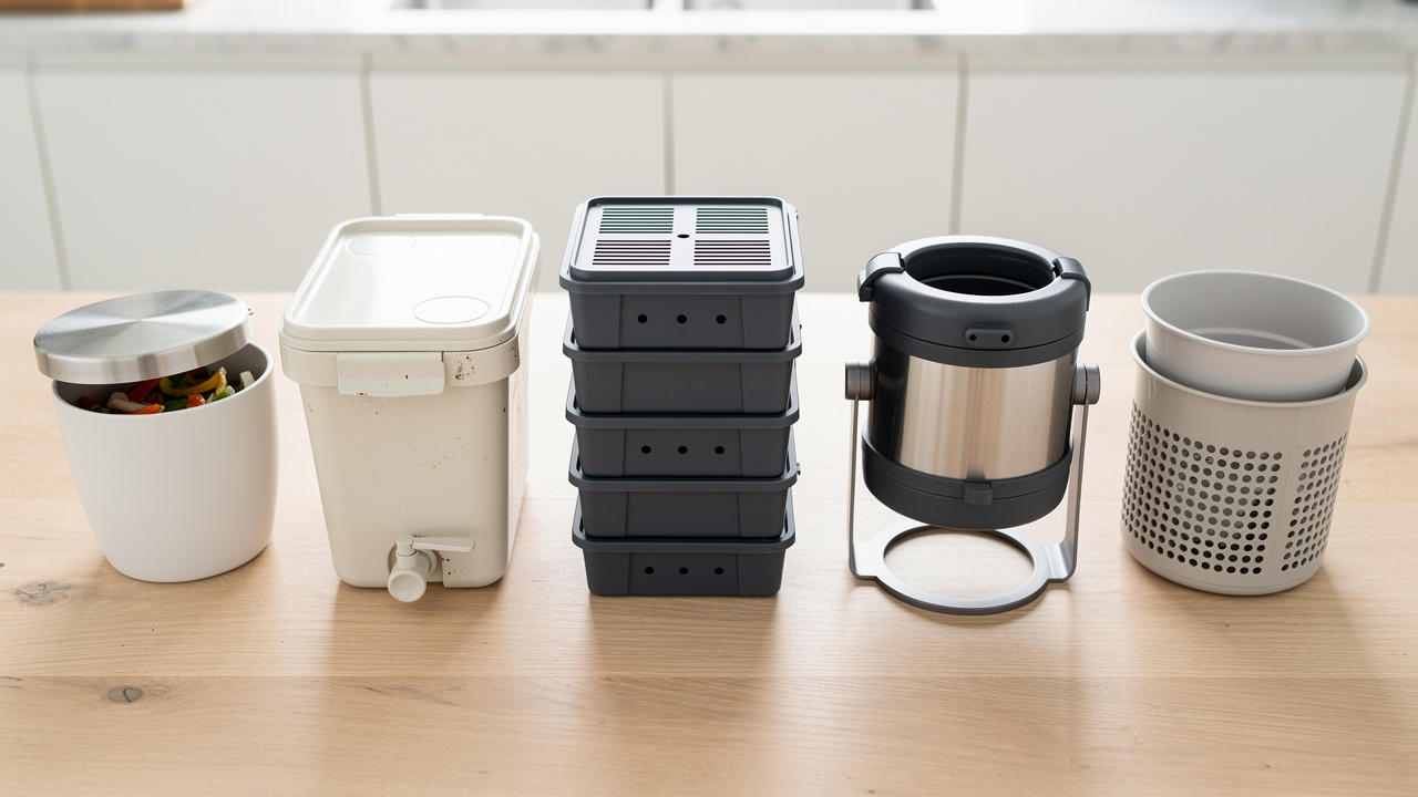 Comparatif visuel de cinq solutions de compostage en cuisine : bioseau, bokashi, lombricomposteur et deux composteurs compacts, disposés proprement sur une table, éclairage naturel et rendu réaliste.