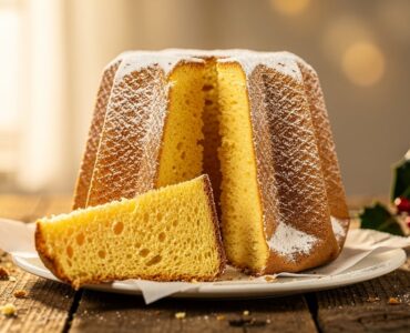 Pandoro doré saupoudré de sucre glace sur une table en bois