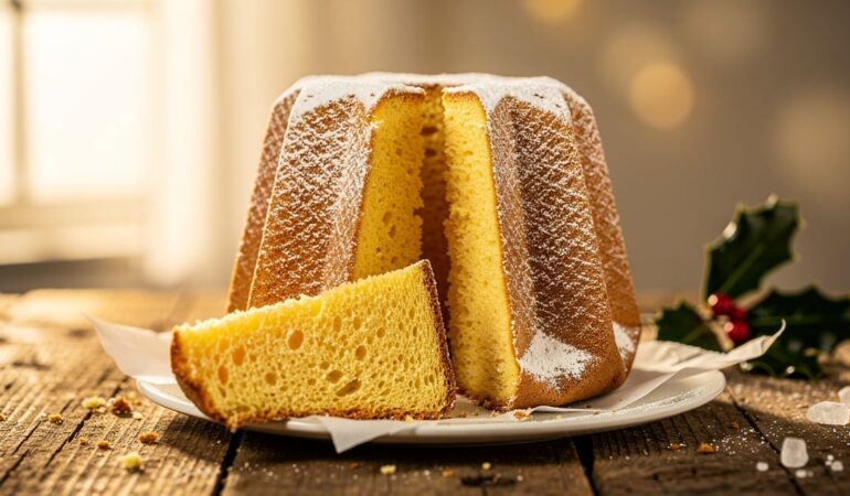 Pandoro doré saupoudré de sucre glace sur une table en bois