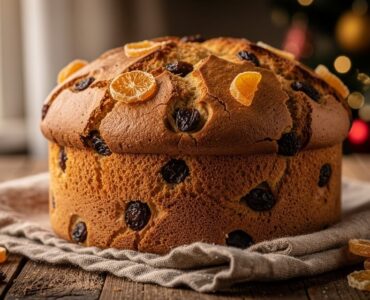Panettone milanais entier en forme de dôme posé sur une table en bois