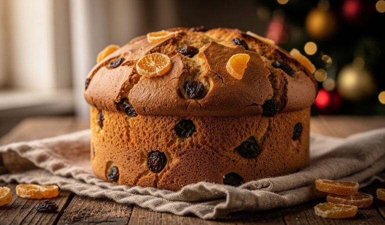 Panettone milanais entier en forme de dôme posé sur une table en bois