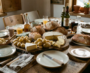 Grande table en bois de montagne garnie de fromages rustiques, de pommes de terre dorées, de pain artisanal et de boissons locales.