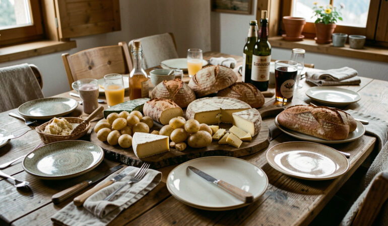 Grande table en bois de montagne garnie de fromages rustiques, de pommes de terre dorées, de pain artisanal et de boissons locales.