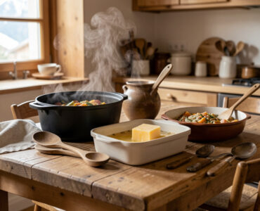 Cuisine chaleureuse de chalet avec une cocotte, un plat à gratin, du fromage et des ustensiles rustiques disposés sur une table en bois.