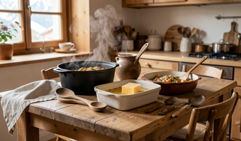 Cuisine chaleureuse de chalet avec une cocotte, un plat à gratin, du fromage et des ustensiles rustiques disposés sur une table en bois.
