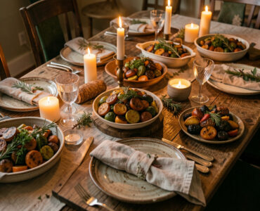 Table d’hiver chaleureuse avec plats à partager, bougies, vaisselle rustique et légumes de saison.