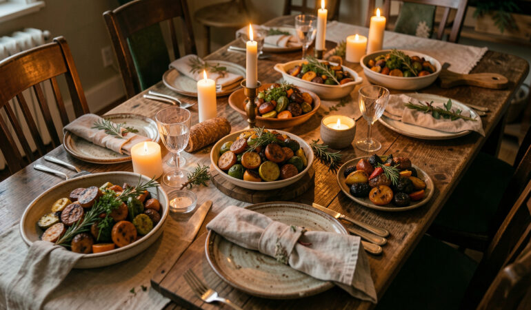 Table d’hiver chaleureuse avec plats à partager, bougies, vaisselle rustique et légumes de saison.
