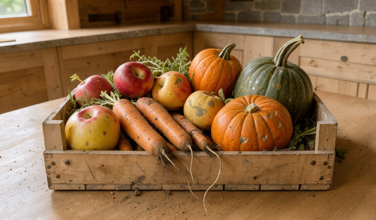 Cuisine lumineuse de style alpin avec une cagette de légumes imparfaits colorés, des pommes, des carottes courbes et des courges posées sur une table en bois.