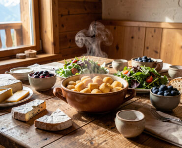 Table conviviale en bois dans un chalet, garnie de fromages savoyards, de crozets, de salade, de pain rustique et d’un dessert aux myrtilles.