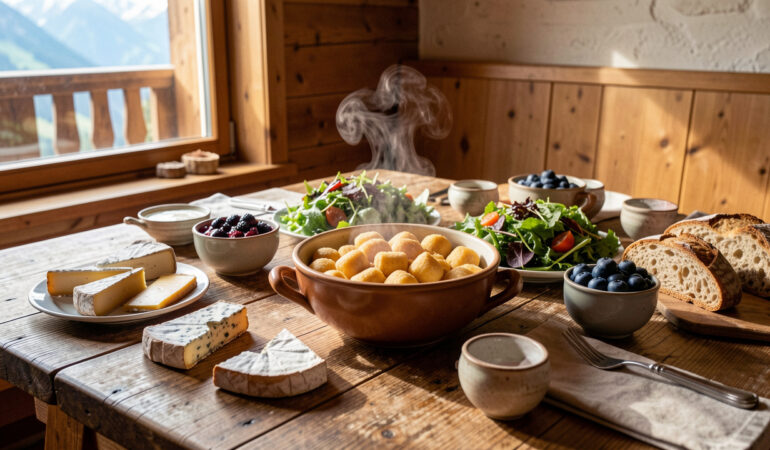 Table conviviale en bois dans un chalet, garnie de fromages savoyards, de crozets, de salade, de pain rustique et d’un dessert aux myrtilles.