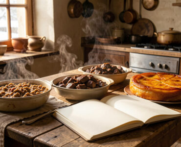 Grande table de cuisine française rustique garnie de cassoulet, de bœuf bourguignon, d’une tarte Tatin et d’un carnet de recettes aux pages vierges, baignée d’une lumière chaude d’hiver.