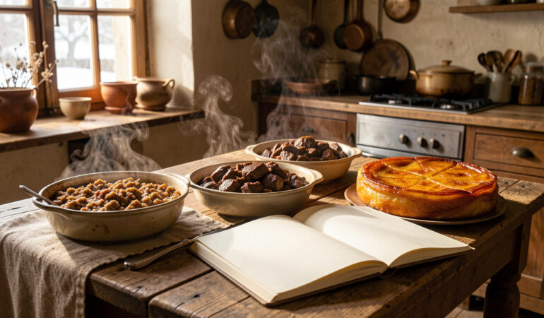 Grande table de cuisine française rustique garnie de cassoulet, de bœuf bourguignon, d’une tarte Tatin et d’un carnet de recettes aux pages vierges, baignée d’une lumière chaude d’hiver.
